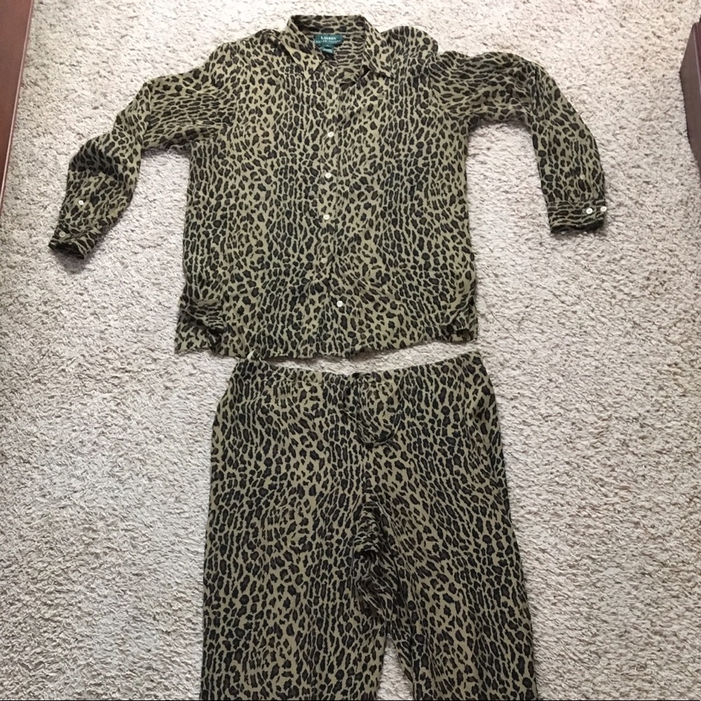 100% Silk Leopard Ralph Lauren Pants Button Set